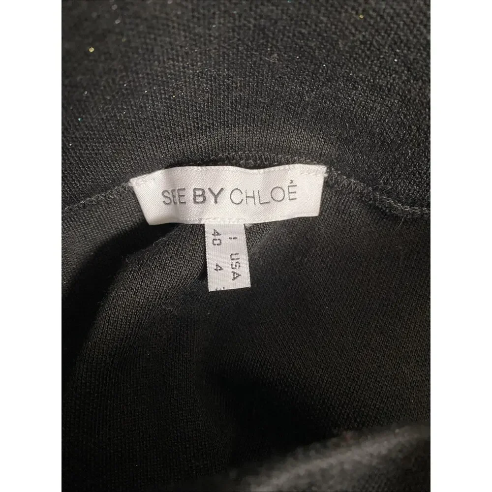 See by Chloe Mini Skirt Black Metallic Shimmer Knit Wool Blend High Waist 4 S